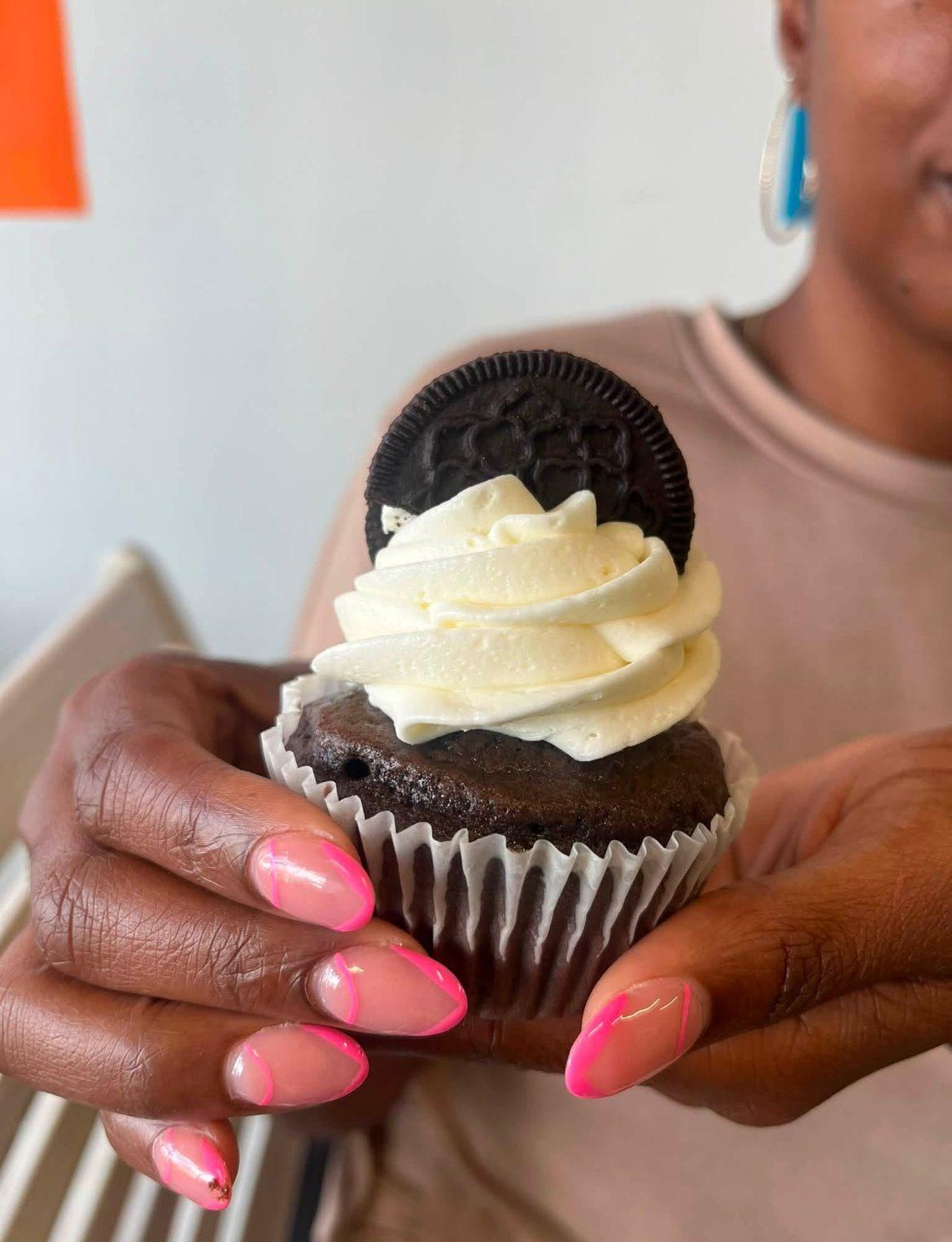Freshman Favorite — chocolate cupcake with cookies and cream buttercream topped with an Oreo