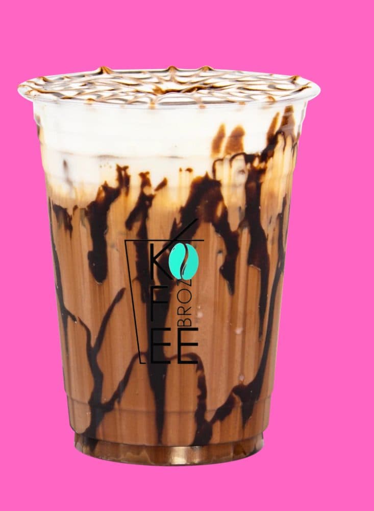 Study Hall — iced mocha laced with chocolate drizzle in a Kofee Broz cup